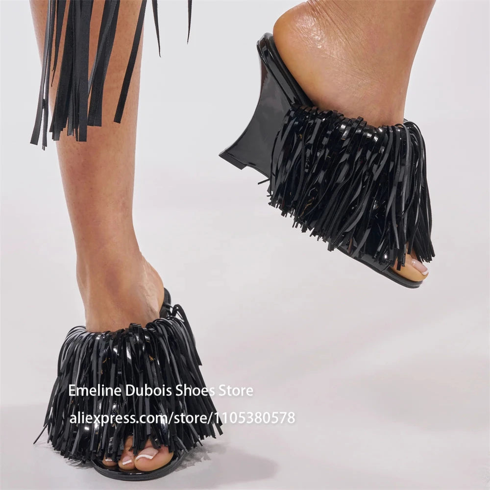 Blue Patent Leather Fringe Wedge Heel Mules Open Peep Toe Slip On Irregular Heel Sandals Nightclub Party Runway Shoes for Women