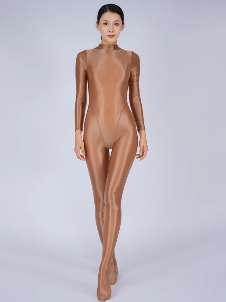Sexy Women Yoga Shaper Tight Wear Oil Glossy Shiny Elastic Bodysuit Sheer See Through Rompers Jumpsuits Candy Color