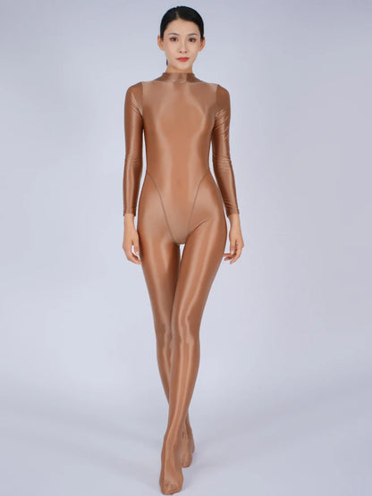 Sexy Women Yoga Shaper Tight Wear Oil Glossy Shiny Elastic Bodysuit Sheer See Through Rompers Jumpsuits Candy Color