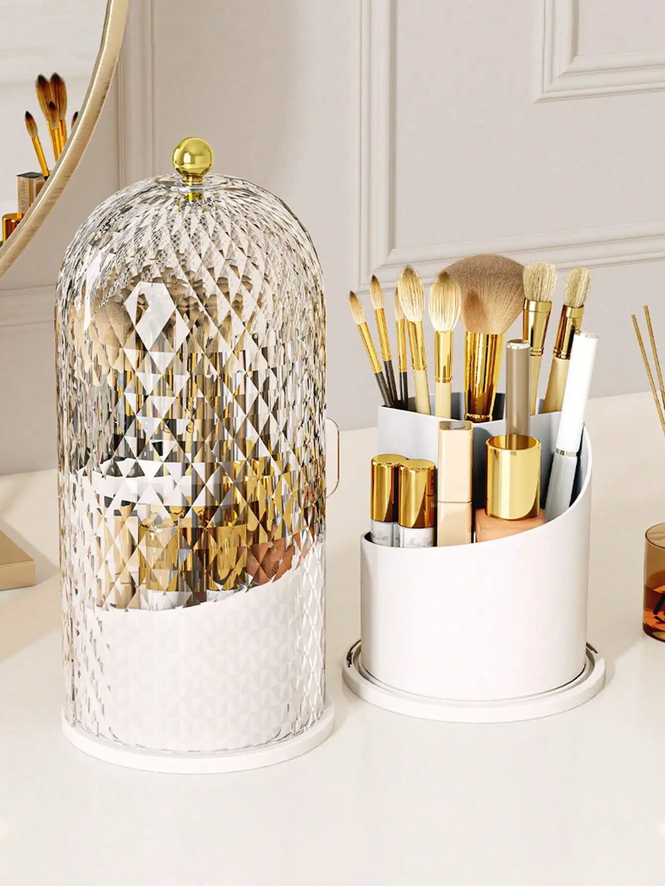 Transparent Sliding Door Birdcage Cosmetic Storage Box 360° Rotatable Makeup Brush Organizer Holder Multi Compartment Vanity Storage For Lip Liner Eyebrow Tools Makeup Brushes 1 Piece