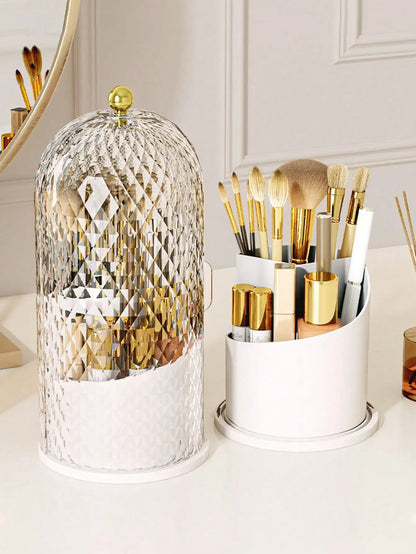 Transparent Sliding Door Birdcage Cosmetic Storage Box 360° Rotatable Makeup Brush Organizer Holder Multi Compartment Vanity Storage For Lip Liner Eyebrow Tools Makeup Brushes 1 Piece