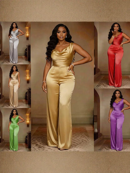 2026 New Solid Color Satin Jumpsuit Women Cowl Neck High Waist Wide Leg Formal Party Overalls