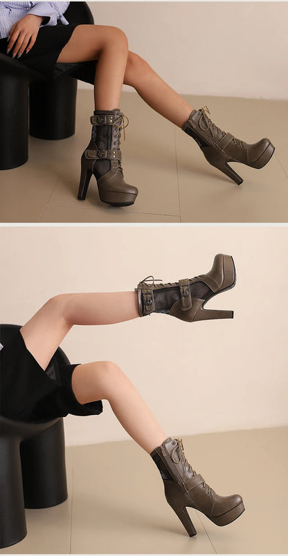 Plus Size Hollowed Out Mesh Patchwork PU Cross Tie Side Zipper Summer Cool Mid-Calf Boots Platform Ultra-High Thick Heel Boots