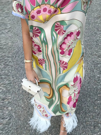 Women Art Floral Print Feather Hem Maxi Dress Short Sleeve Crew Neck Loose Fit Dresses 2026 Summer Fashion Elegant Lady Outwear