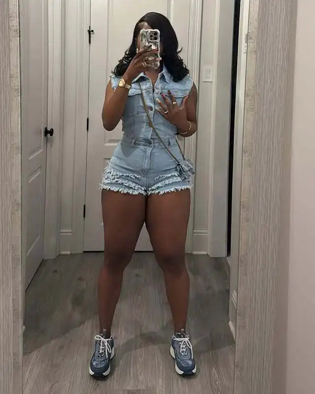 Tassel Denim Casual Playsuit Sexy Women Turn Down Collar Elegant  Jeans Club Party Overalls Romper
