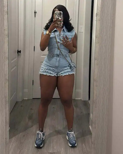 Tassel Denim Casual Playsuit Sexy Women Turn Down Collar Elegant  Jeans Club Party Overalls Romper