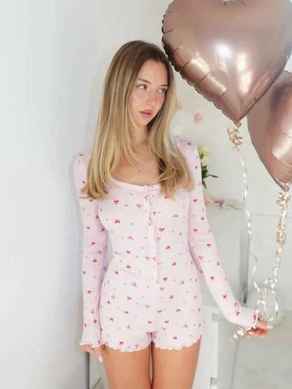 CNYISHE Bow Printed Button Square Collar Tompers Sheath Women Playsuits Fashion Long Sleeve House Pajams Female Jumpsuits Casual