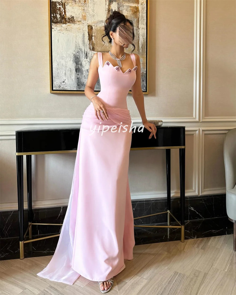 Customized Matching Elegant Jersey Rhinestone Draped Pleat Straight Square Neck Long Dresses Bespoke Occasion Dresses Sexy