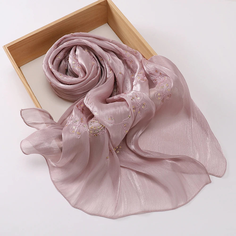 Elegant Embroidery Glitter Shimmer Hijab Shawl Pleated Glitter Chiffon Shawl Lightweight Crinkle Flowy Plain Hijab Scarves
