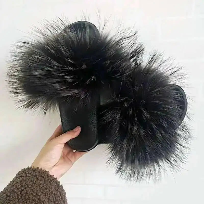 Real Raccoon Fur Slippers For Women 2026 Summer Fluffy Indoor House Fuzzy Flat Slides Outdoor Fashion Beach Sandals Flip Flops