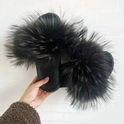 Real Raccoon Fur Slippers For Women 2026 Summer Fluffy Indoor House Fuzzy Flat Slides Outdoor Fashion Beach Sandals Flip Flops