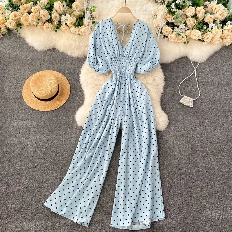 Jumpsuit Women Summer New Temperament Polka Dot V-neck High Waist Casual Wide Leg Jumpsuit Elegant Party One Piece Jumpsuits