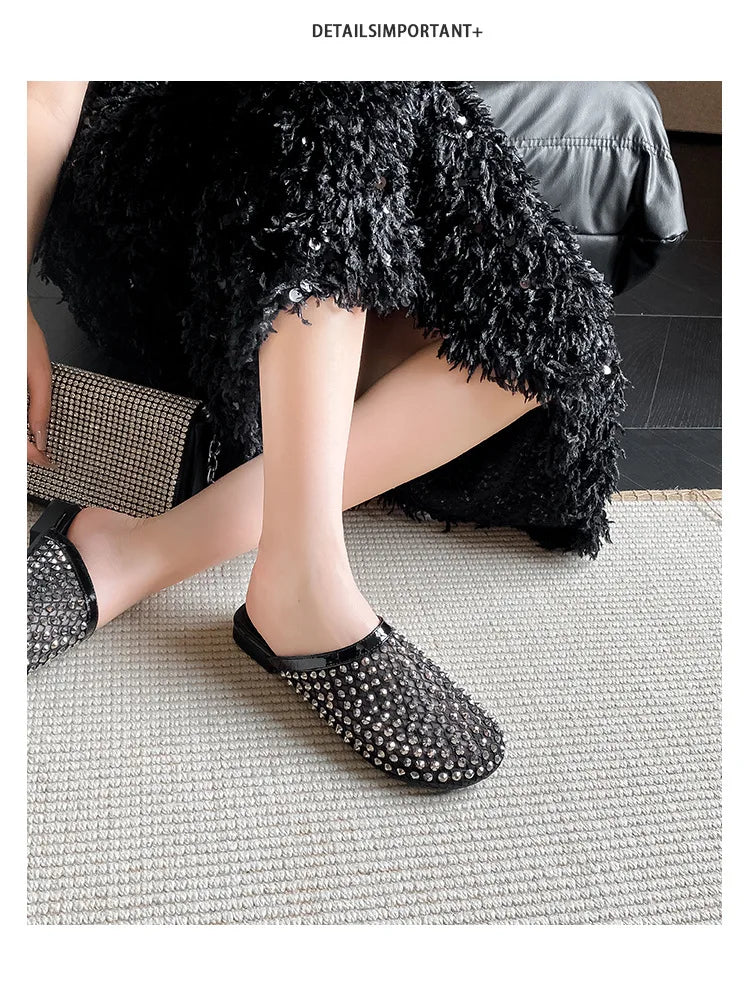 Summer Shoes for Women Slippers Luxury Rhinestone Rivets Casual Sandals Mesh Slip-on Loafers