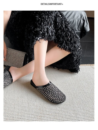Summer Shoes for Women Slippers Luxury Rhinestone Rivets Casual Sandals Mesh Slip-on Loafers