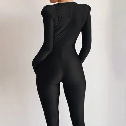 2025 Spring Deep V Neck Long Sleeve Skinny Jumpsuits Women Rompers Elegant Black High Waist Ruched Slim Sexy Jumpsuit Outfits
