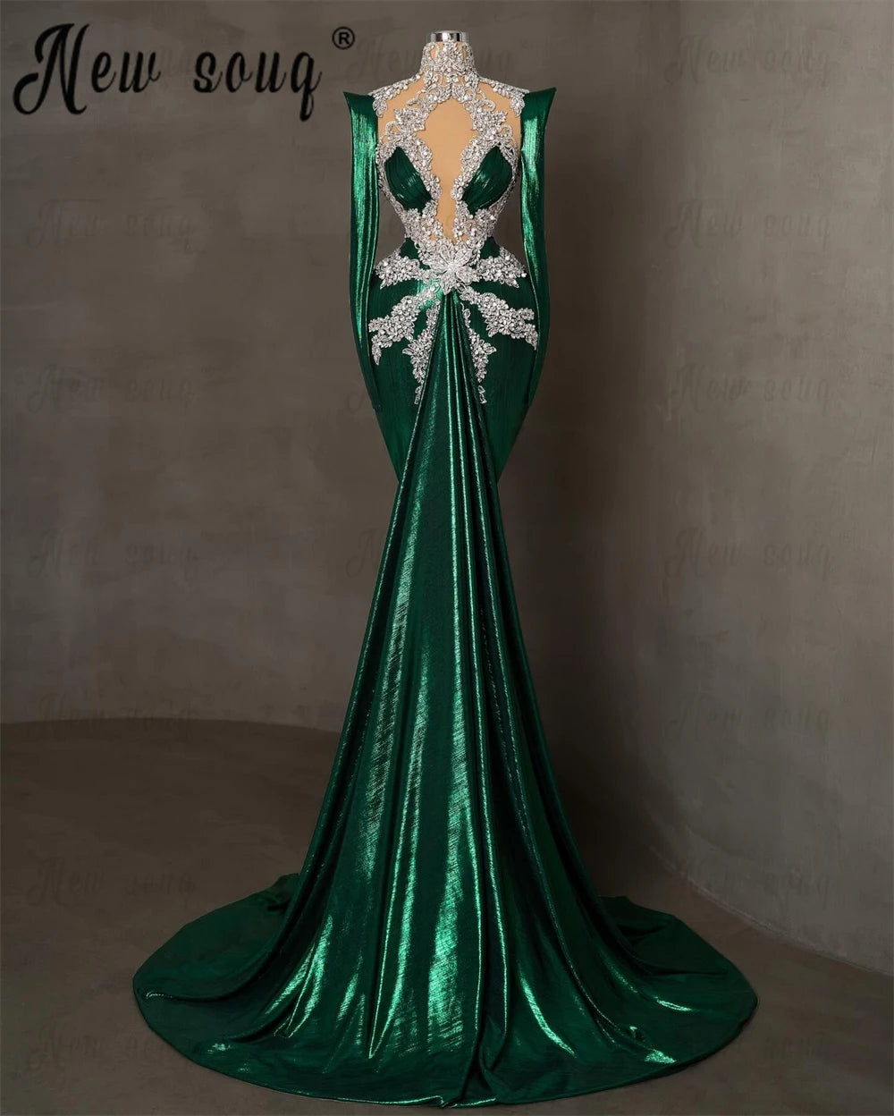 Emerald Green Arabic Long Evening Dress Long Sleeve Pageant Party Dress Women Wedding Prom Dresses Turtle Neck Gown Customized