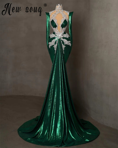 Emerald Green Arabic Long Evening Dress Long Sleeve Pageant Party Dress Women Wedding Prom Dresses Turtle Neck Gown Customized