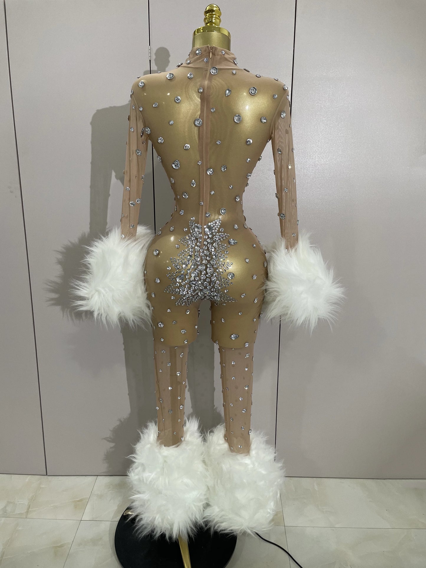 STOCK Luxury Diamond Black Mesh Transparent Stretchy Long Sleeve Jumpsuit Women Sexy Performance Singer Costume Nightclub Outfit