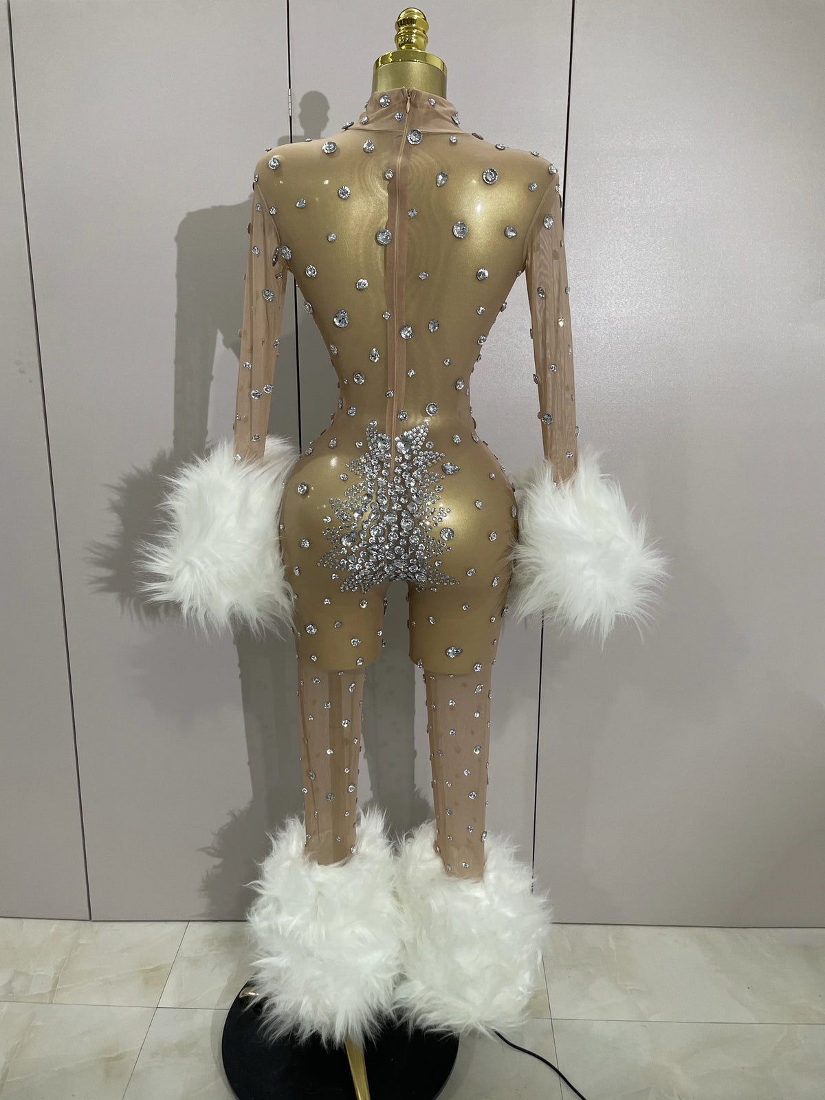 STOCK Luxury Diamond Black Mesh Transparent Stretchy Long Sleeve Jumpsuit Women Sexy Performance Singer Costume Nightclub Outfit