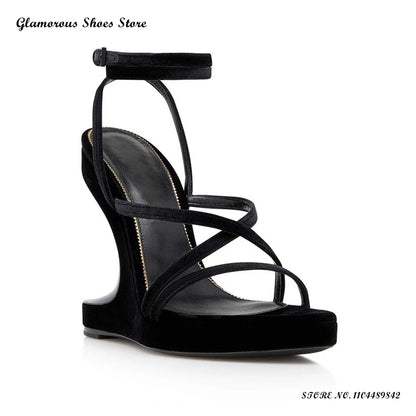 Strappy Velvet Wedges Sandals Women's Round Open Toe Wedges Party Evening Shoes Summer Fashion Buckle Strap Plus Size High Heels