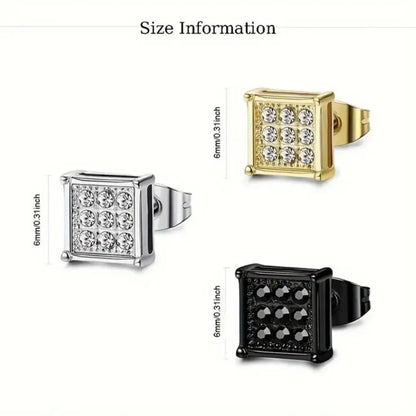 2pcs Stainless Steel Stud Earrings for Men Women Square CZ Mens Earrings Studs Jewelry for Sensitive Ears Fashion Hip Hop Y2K