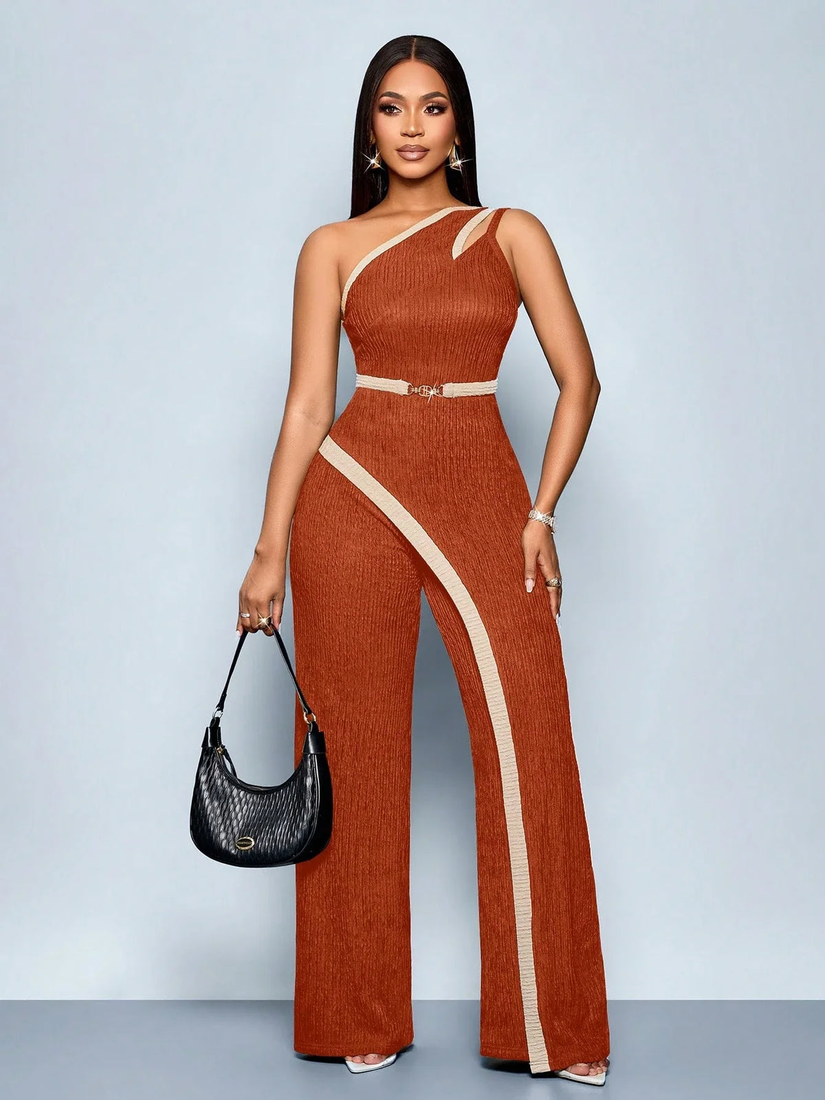 Women's Fashion Modern Party Asymmetric Neck Hollow Two-color Contrast Office Asymmetric Splicing Metal Decorated Sleeveless Str