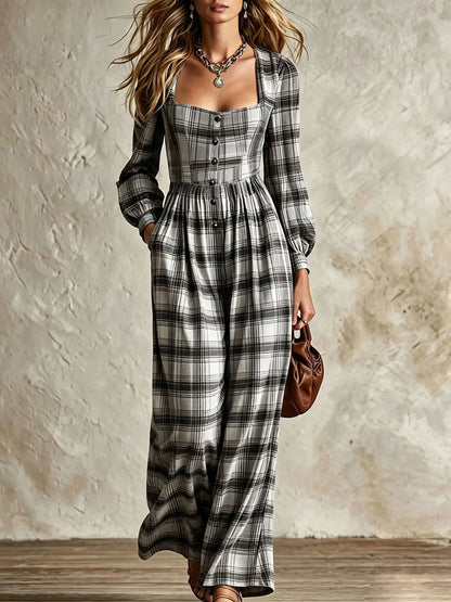 Women's Fashion Square Neck Retro Plaid Long Sleeve Jumpsuit Autumn New Waist Single Breasted Pocket Wide Leg Female Rompers2026