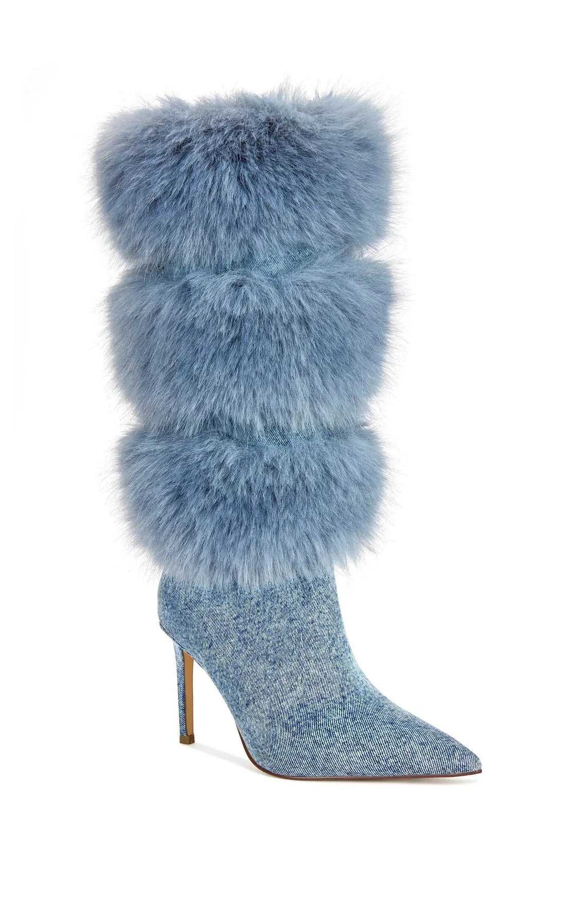 2026 Women Upsetter Sky Blue Furry Knee High Boots Soft Warm Plush Stiletto Heel Tall Boots Elegant Fall Winter Long Dress Heel