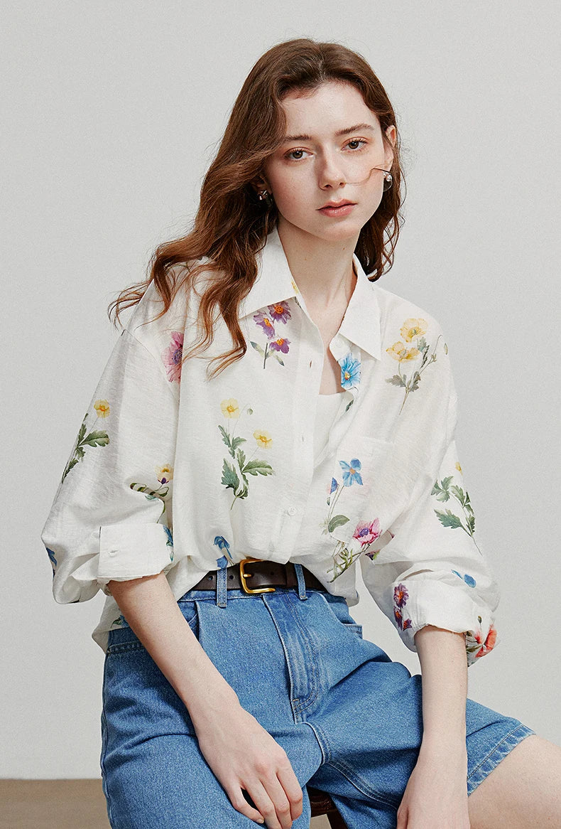 TOYOUTH Women Shirts 2026 Summer New Linen Lyocell Print Fresh Mid Length Floral Blouse Tops
