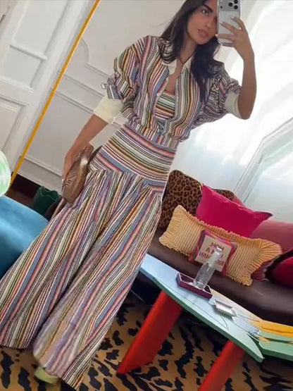 Elegant Colorful Stripe Shirt Skirt Set Women 2026 Puff Sleeve Lapel Shirts High Waist Long Skirts Autumn Lady All-matching Suit