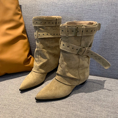 2025 Pointed Toe Women's Winter Boots Designer Mid Heels Elegant Shoes Pumps Fashion Boots New Trend Dress Gothic Ladies Boots