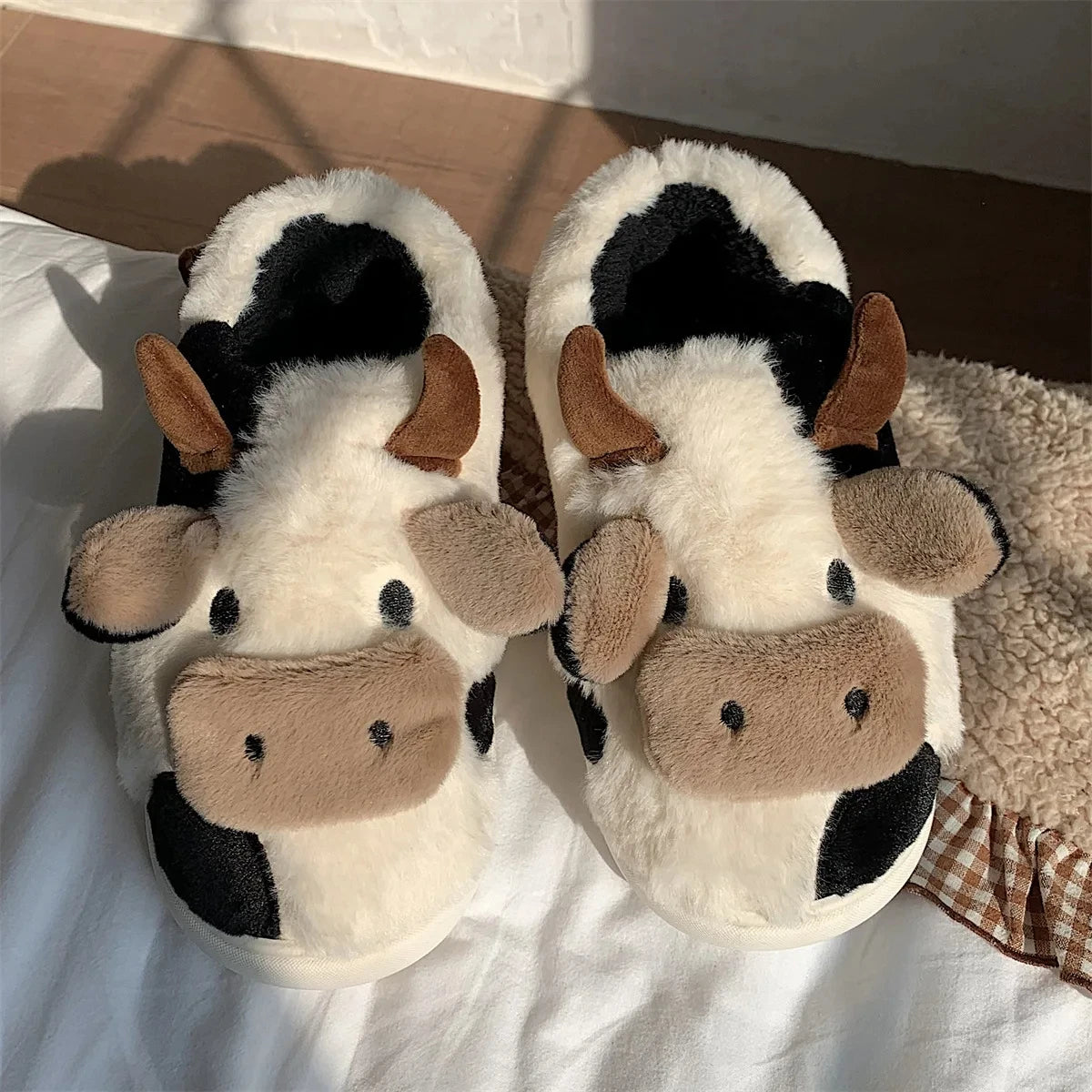 Shevalues Plush Cartoon Milk Cow Slippers Winter Women Slippers Furry Non-Slips Women Cotton Slides Couples Soft Cozy Flat Shoes