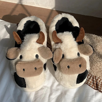 Shevalues Plush Cartoon Milk Cow Slippers Winter Women Slippers Furry Non-Slips Women Cotton Slides Couples Soft Cozy Flat Shoes