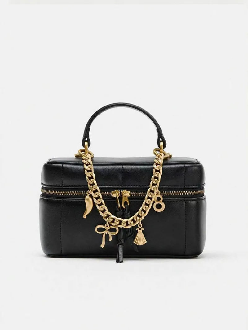 Womens Vintage National PU Leather Waterproof Quilted Chain Bag Black Crossbody Bag Bell Charm Top Handle for Date