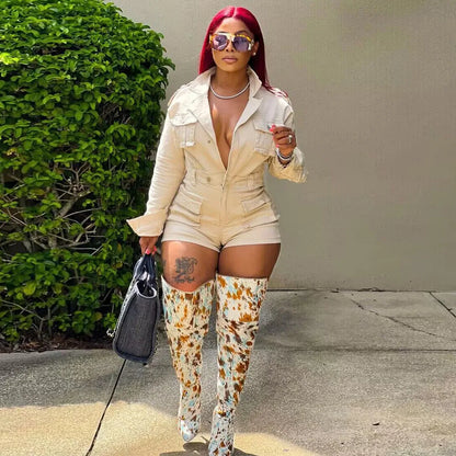 Casual Women Denim Rompers Mini Lenth Jumpsuits Long Sleeves Turn Down Collar Top High Waist Zipper Pants Slim Fit 2025 Summer