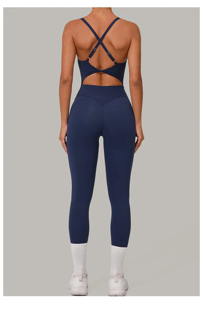 New Nylon Pad V-Neck Wrap Yoga Bodysuit - Adjustable Hook Tummy Control Butt Lift Workout Jumpsuit