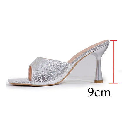 Luxury Gold Silver High Heels Sandals Women 2025 Slip On Square Toe Summer Slippers Woman Plus Size 43 Thin Heeled Party Shoes