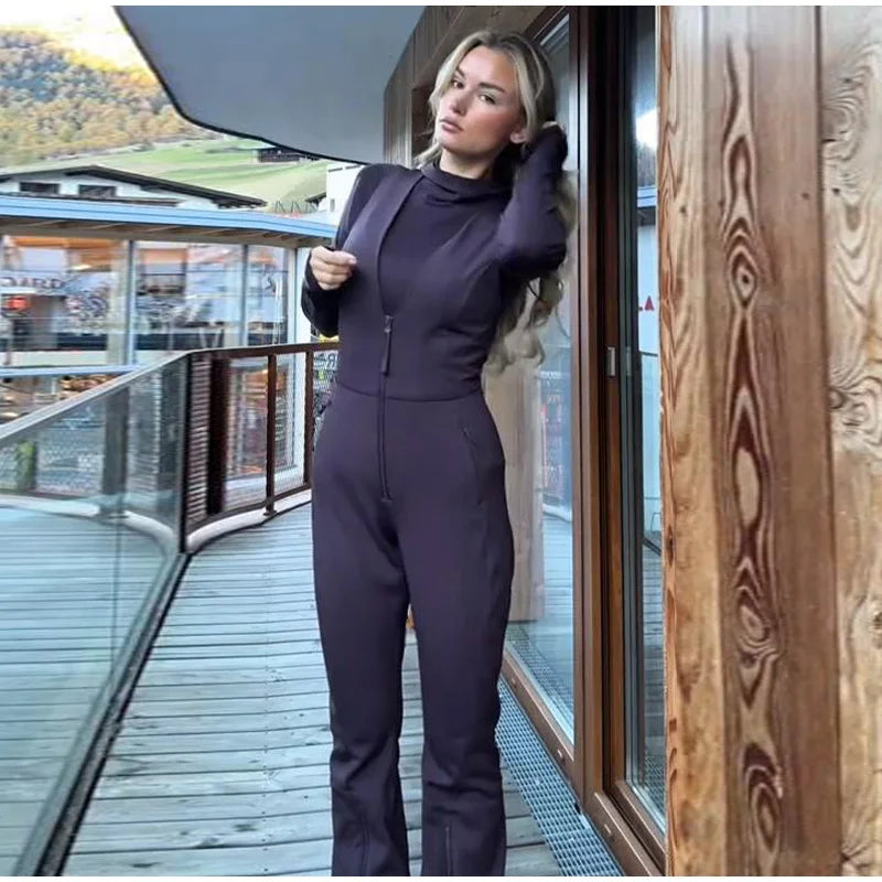 Women's Chic White Hooded Ski Jumpsuit with Waist Belt Warm Snowproof One-Piece Snow Wear Winter Sports Fashion Lady Snowsuit