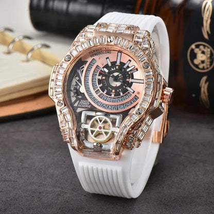 Business Full Diamond Case Luxury Top Mens Watches Rubber Strap Color Creative Decorative Quartz Watch Men AAA Clocks Relogio