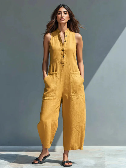 Cotton And Linen Jumpsuit Women Stand Collar Sleeveless Pocket High Waist Wide Legs Jumpsuits Casual Commuting Ladies Bodysuits