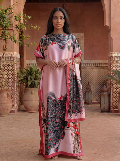 African Women's Printed Abaya With Scarf - Dubai Style Loose Boat Neck Batwing Sleeve Maxi Kaftan Dress