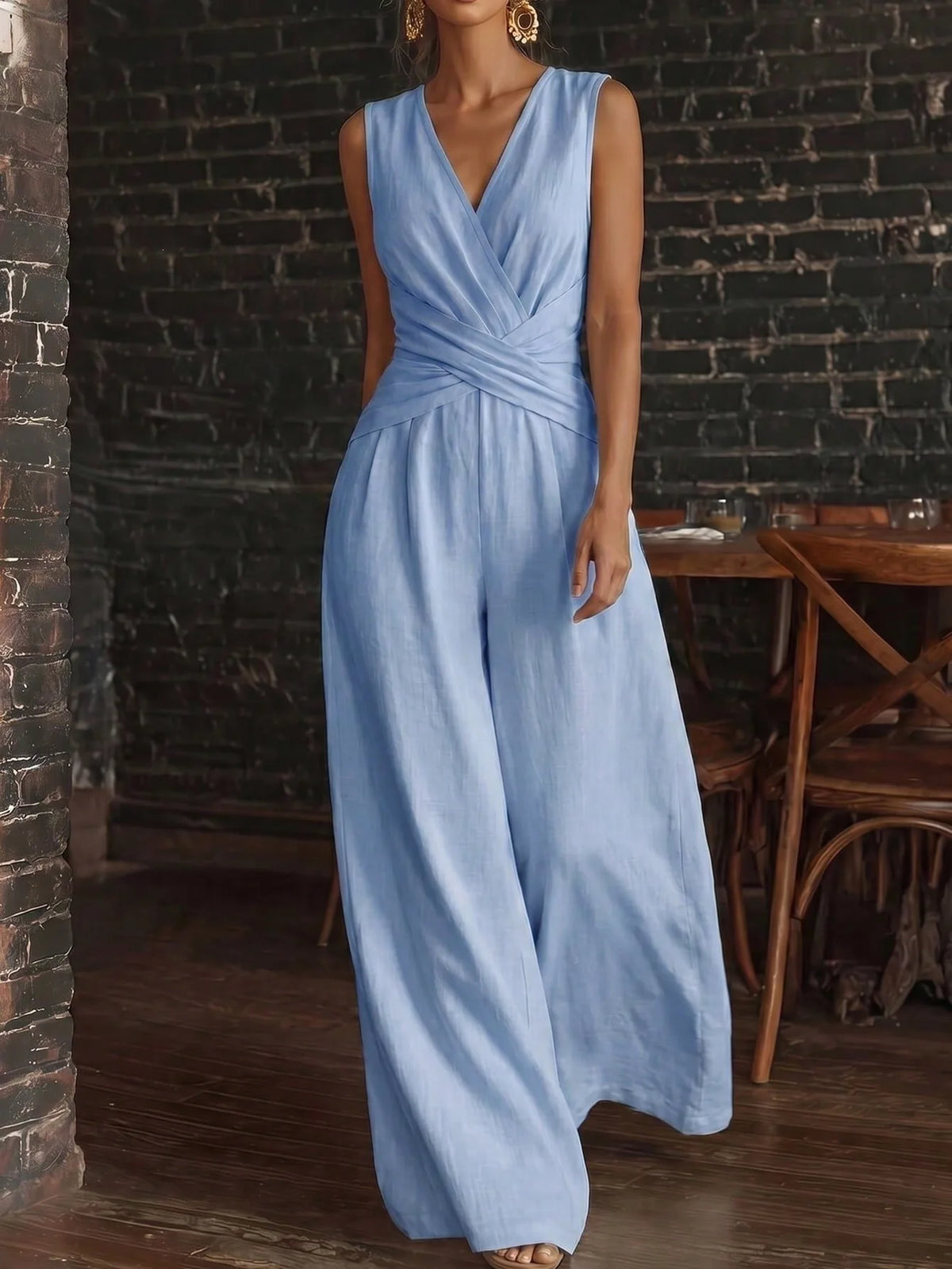 Fashion Light Blue Wide Leg Pants Jumpsuit Women's V-neck Sleeveless Cross Wrap Waist Design Rompers Summer Casual Jumpsuits