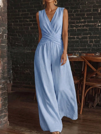 Fashion Light Blue Wide Leg Pants Jumpsuit Women's V-neck Sleeveless Cross Wrap Waist Design Rompers Summer Casual Jumpsuits