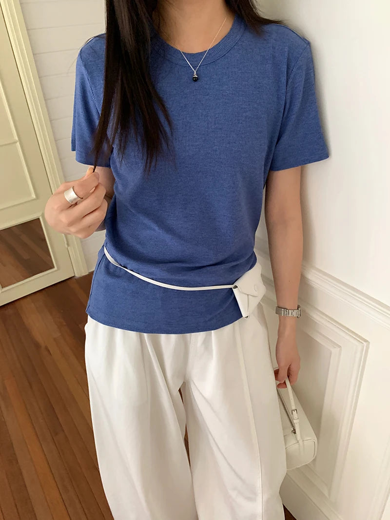 RZIV Summer women's casual solid color round neck short sleeved T-shirt