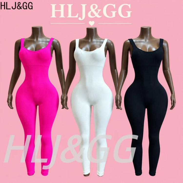HLJ&GG High Stretchy Ribber Bodycon One Piece Jumpsuits Women Sleeveless Slim Playsuits Casual Quality Sporty Leggings Overalls