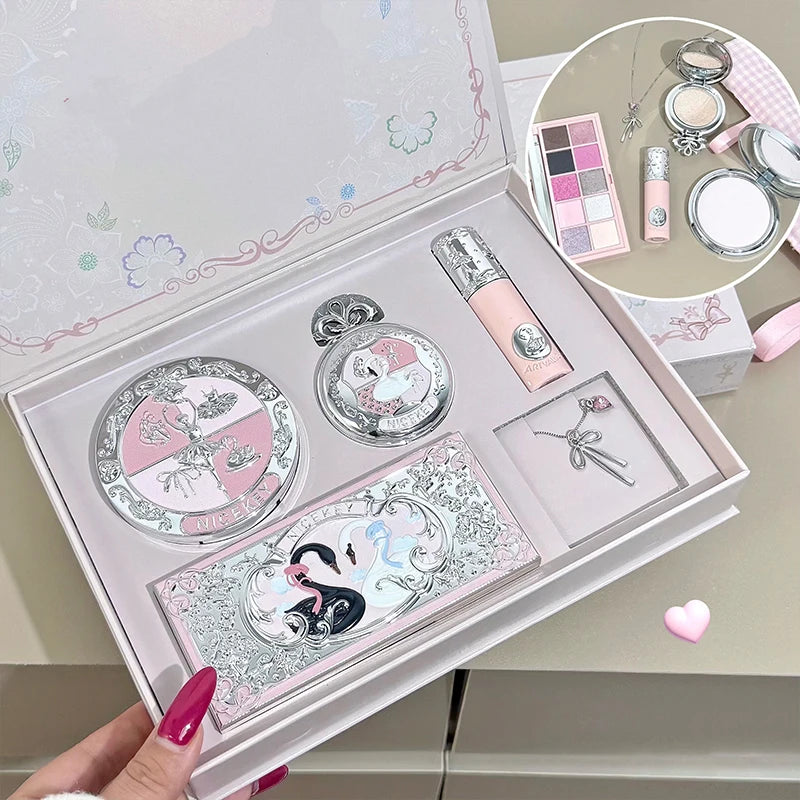 NICEKEY Makeup Sets Include 1*Lip Stain,1*Pressed Powder,1*Highlight Powder,1*Eyeshadow Palette With Necklace Gift Cosmetics Kit