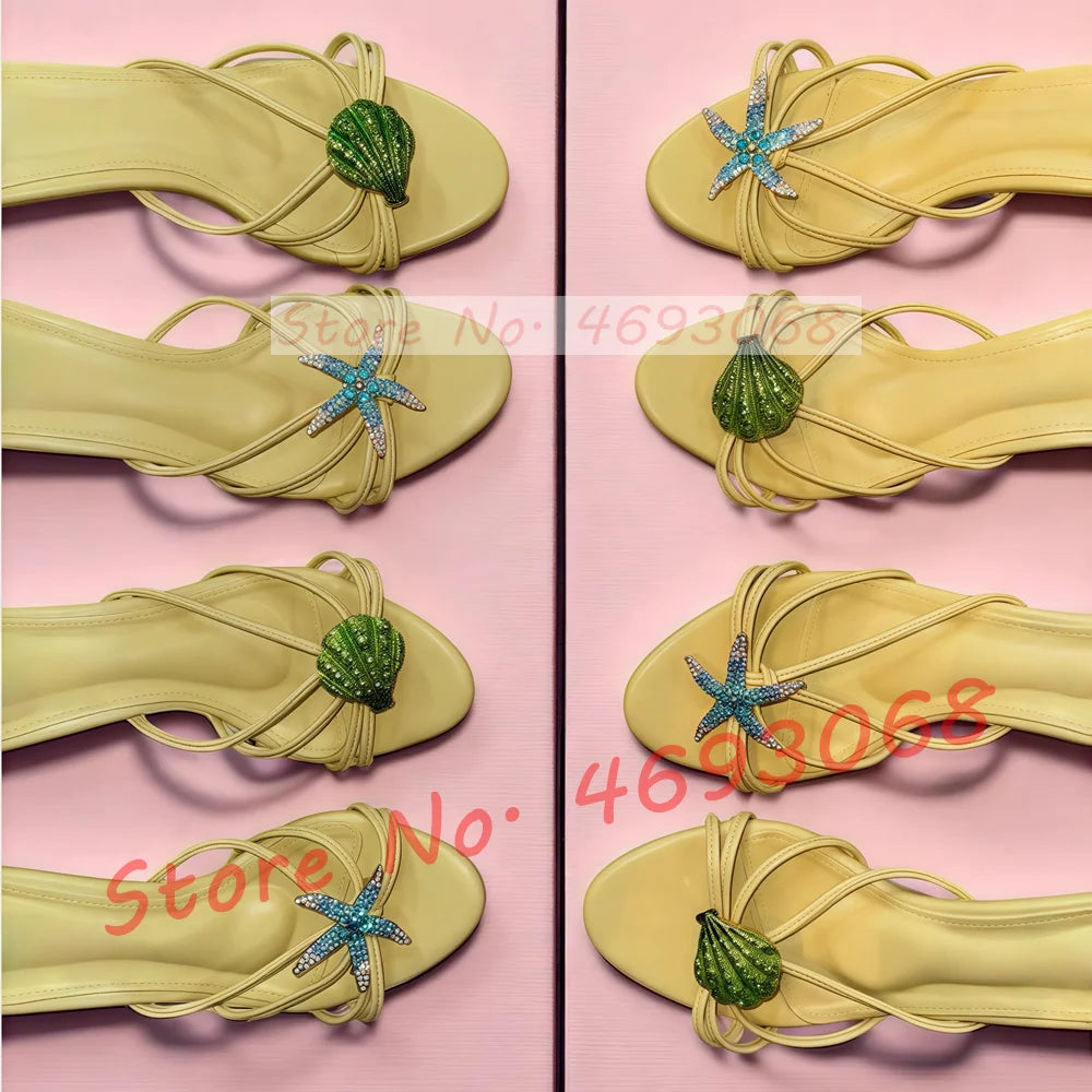 Rhinestone Shell Crab Decal Heeled Mules Women Elegant Beach Shallow High Heels Shoes Luxury Bling Cross Strap Fashion Slippers