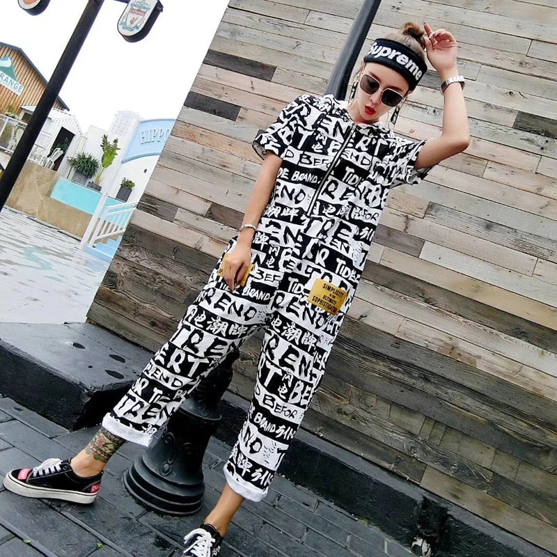 New Women Cartoon Graffiti Printing One Piece Overalls Mandarin Collar Short Sleeve Jumpsuit Hip Hop Design Rompers Baggy Pants