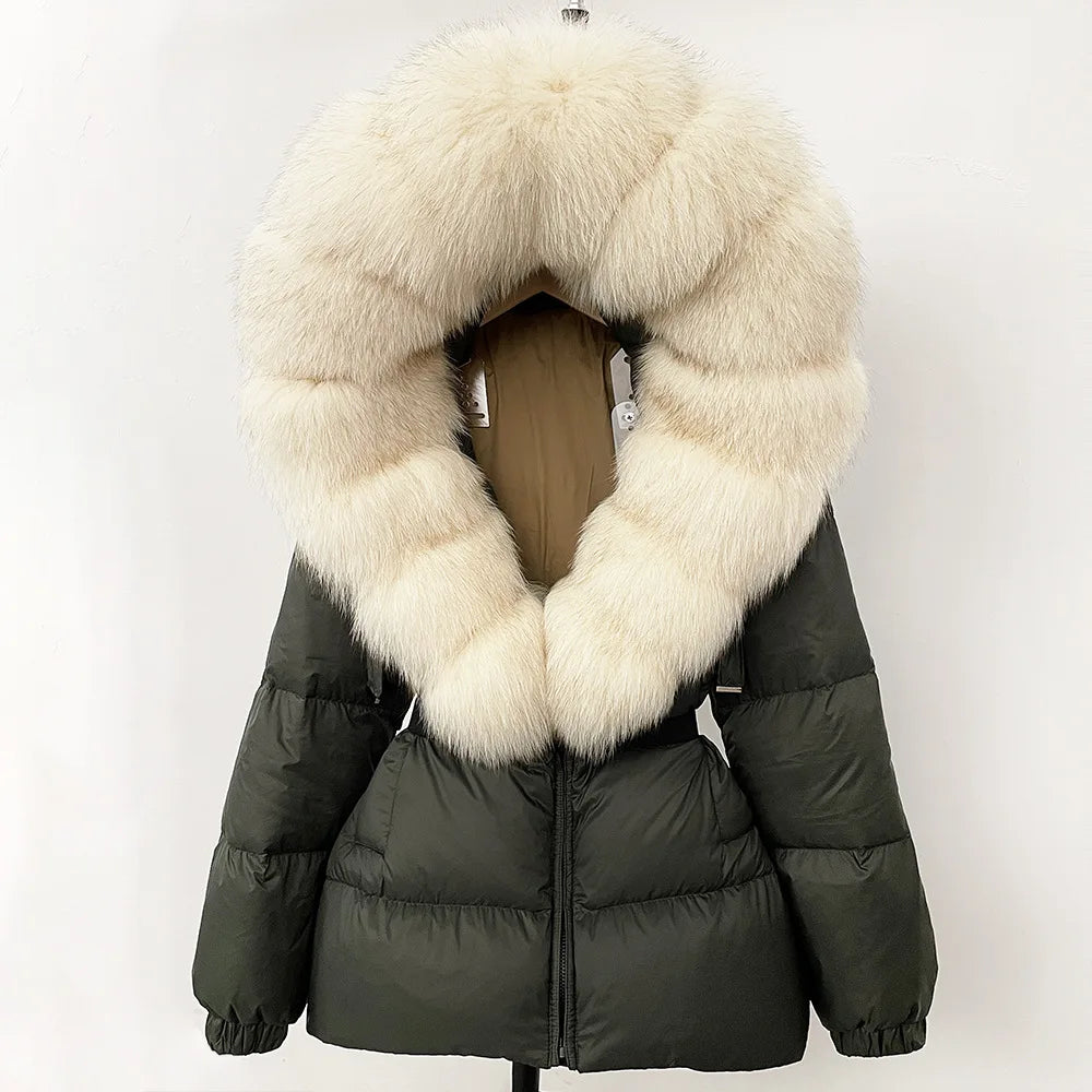 Hot Sale Women Luxury Black Down Jacket Waist‑Cinched Design High‑End Elegant Real Big Fox Fur Hooded Collar Winter Outerwear
