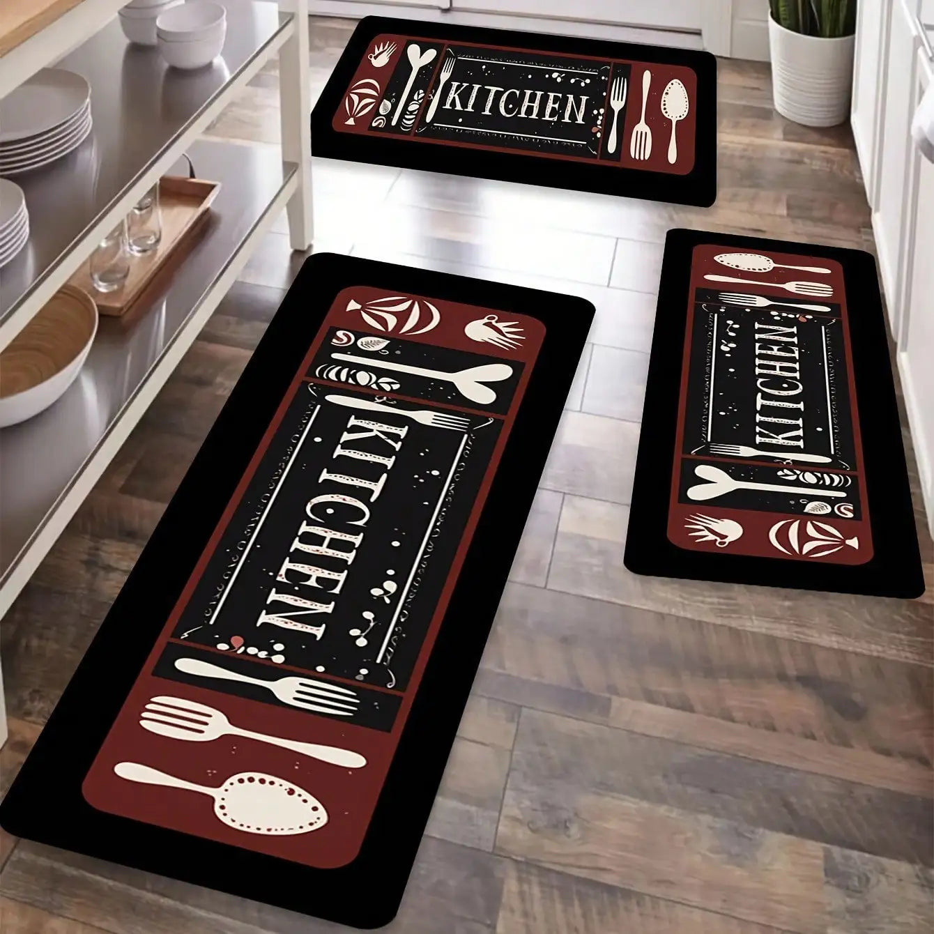 Kitchen Carpet Mat Rug - Utensils Spoon & Spice Design with 'BON APPETIT' Quote for Dining Room Home Decoration Floor Mat
